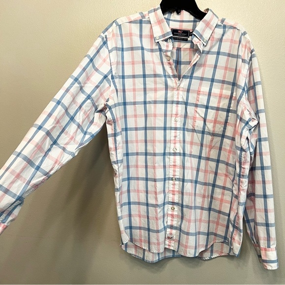 Vineyard Vines Mens XL Murray Plaid Cotton Button Down Dress Shirt Blue Pink - Picture 2 of 6